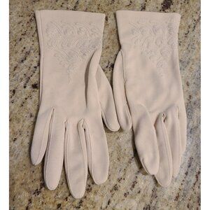 Vintage Size M/L Stretch Nylon Beige Formal 9" Gloves Embroidered Scroll